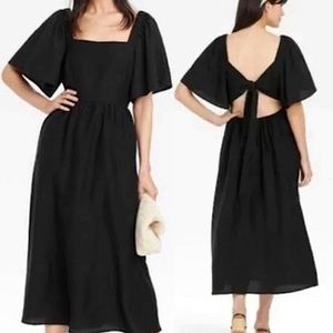 A New Day | Flutter Sleeve Tie Back Square Neck Midi Dress, Black | Small